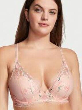 VS Love Cloud Purest Pink Multi Lace Plunge Lightly Lined Half Pad Bra *Size 34D